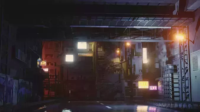 Cyberpunk City Bridge Scene 3D model