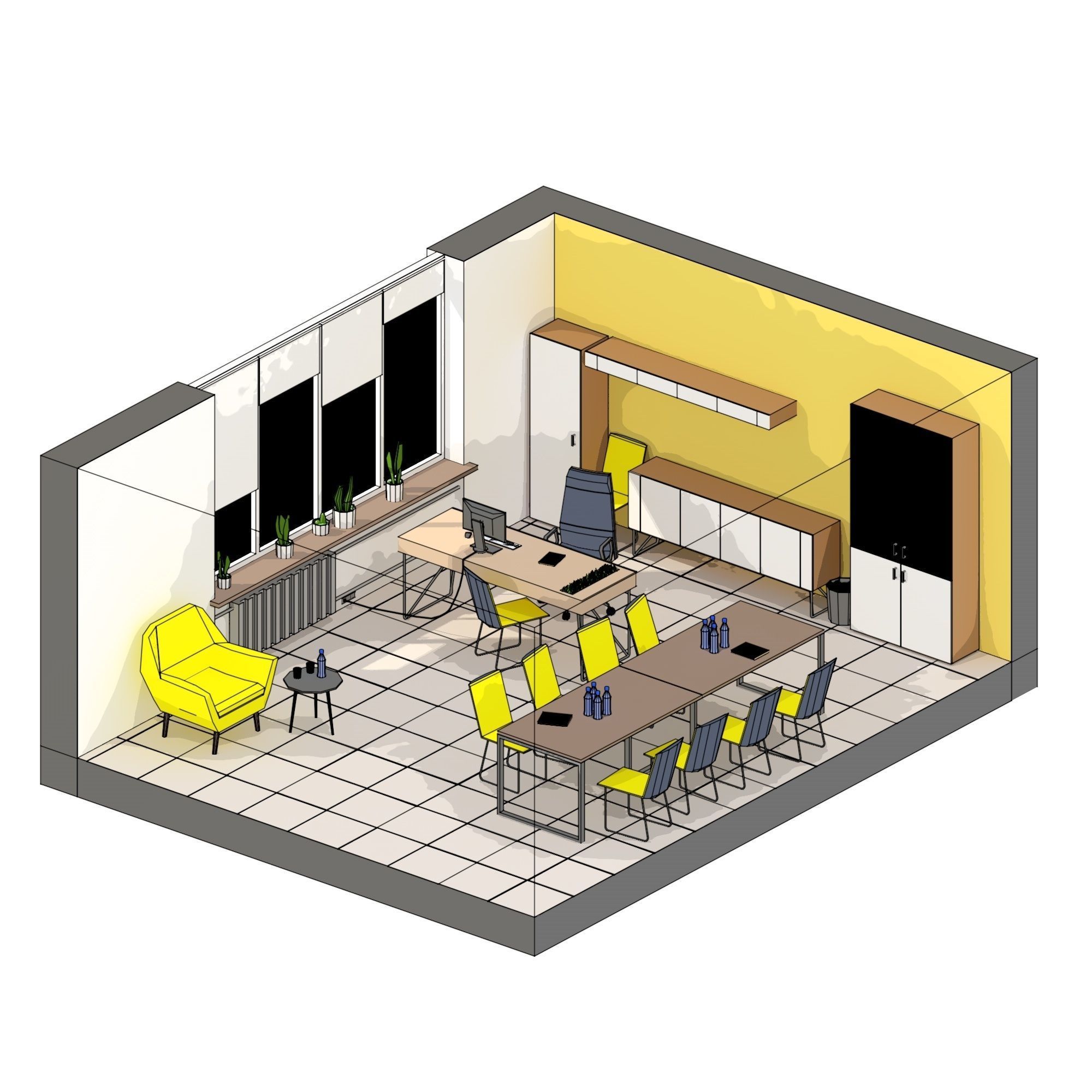 Modern office interior low-poly 3D model Low-poly 3D model_1