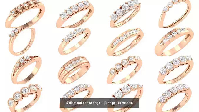 5 diamond bands rings - 18 rings 3D Model Collection
