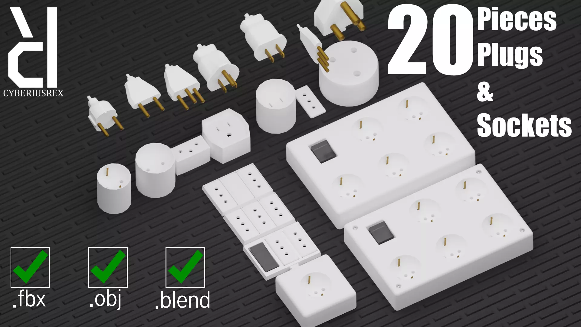 3D model 20 Pieces electrical plugs and sockets set - FBX OBJ Blend VR ...