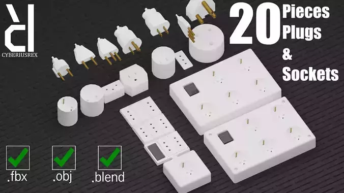 20 Pieces electrical plugs and sockets set - FBX OBJ Blend Low-poly 3D model