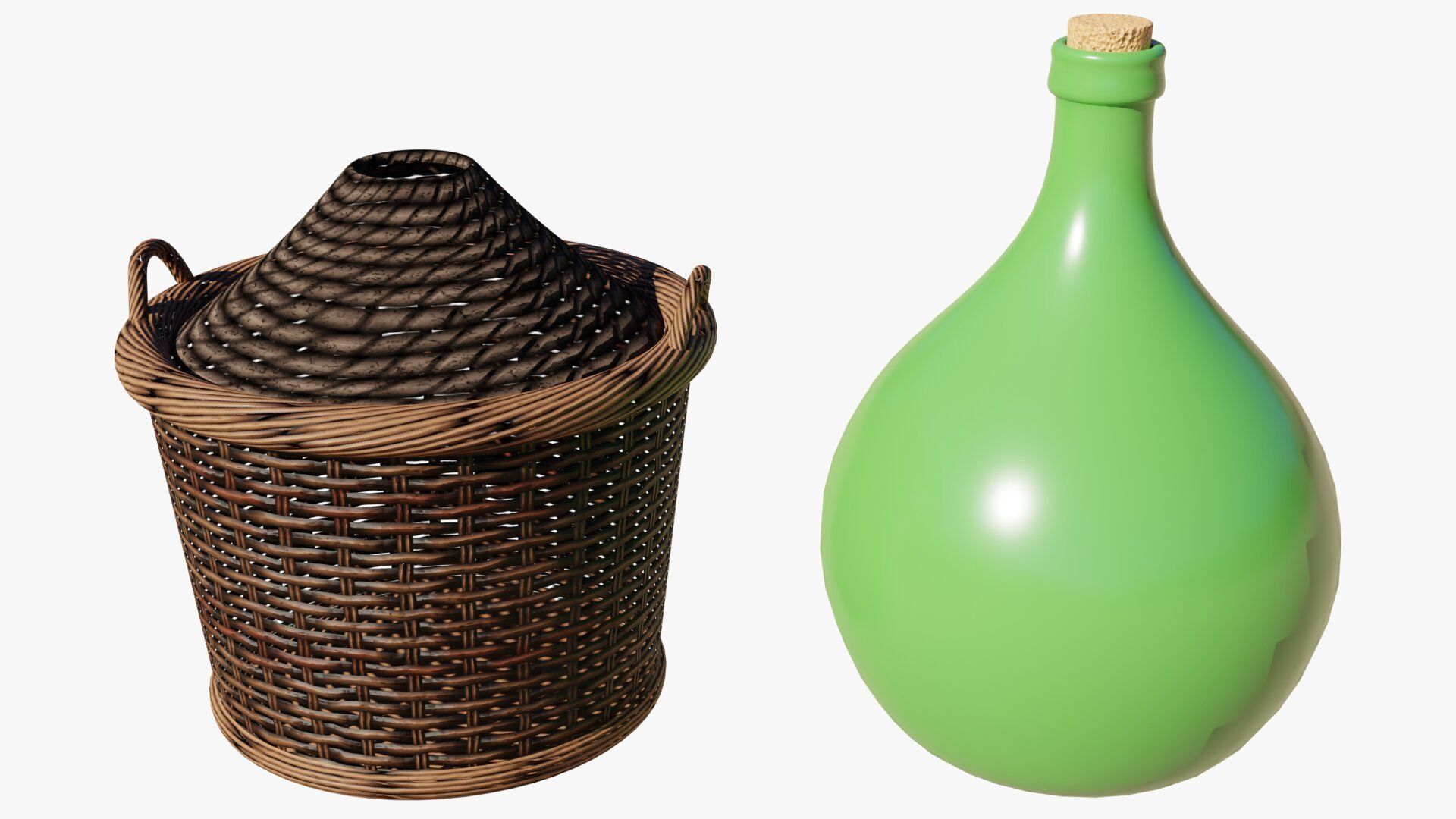 Demijohn wine bottle in wicker basket 3D model_8