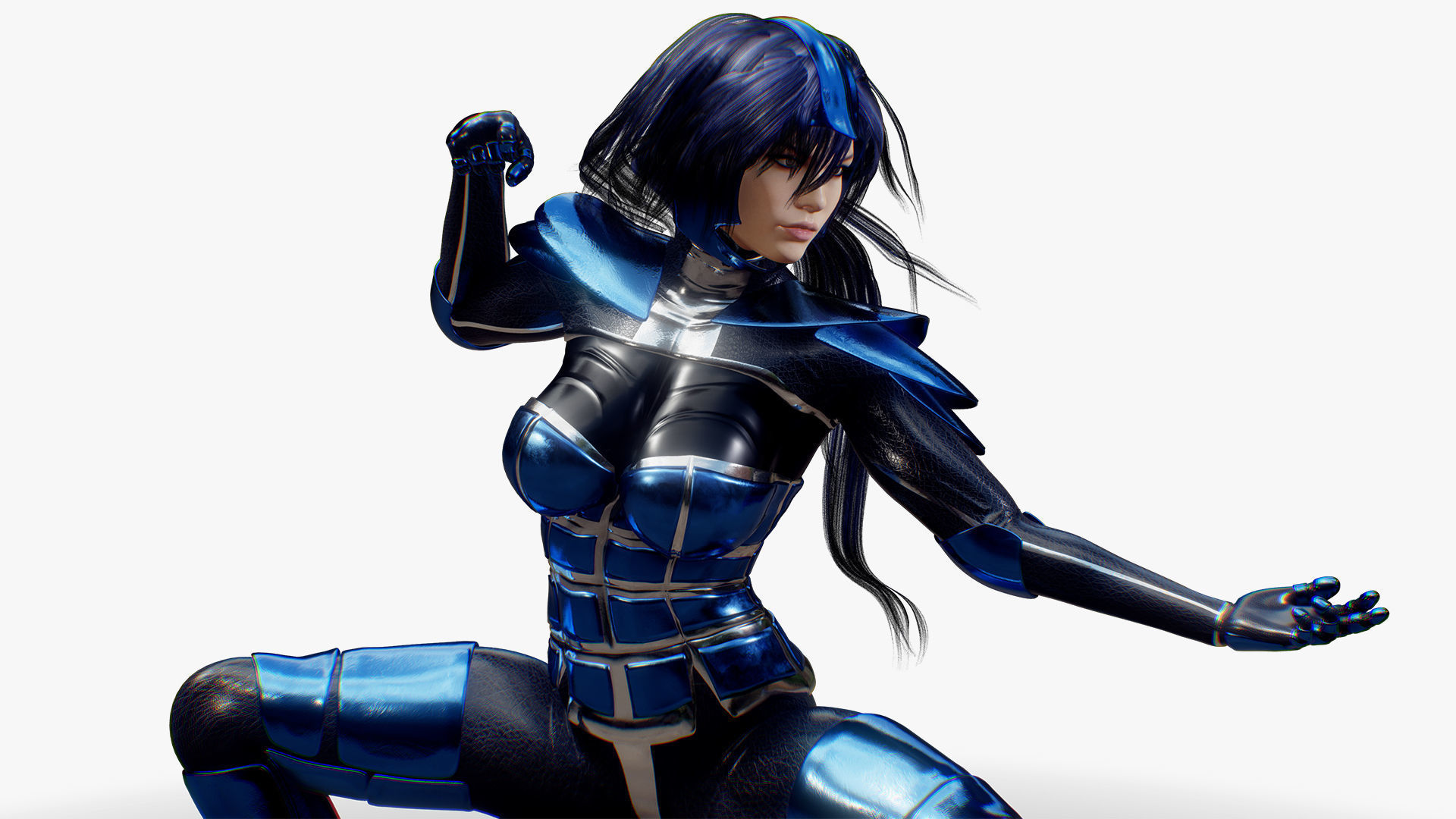 Rigged Female in Blue Armor 3D model_2