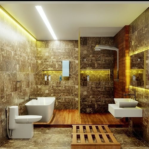 Bathroom - Low poly - Game Ready modern with wooden flooring Low-poly 3D model
