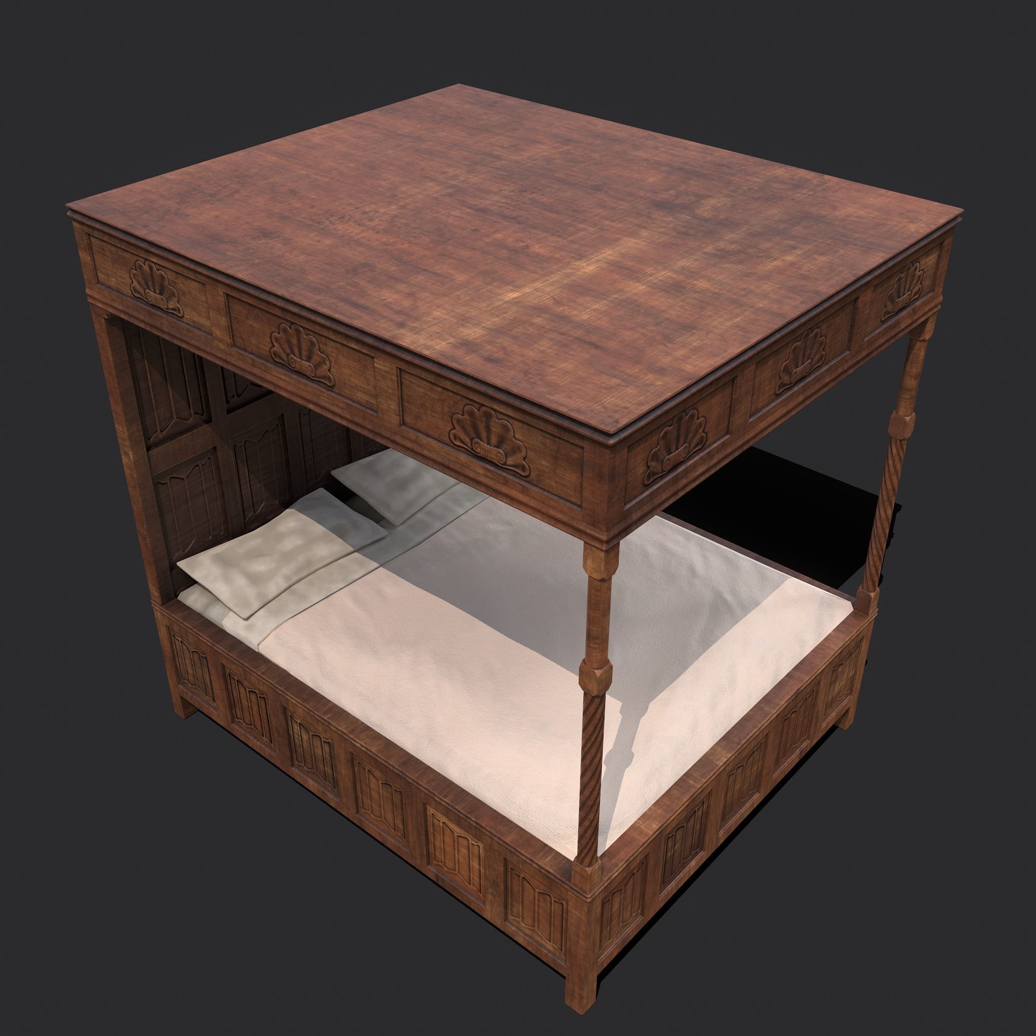 Medieval Elegant Bed Low-poly 3D model_7