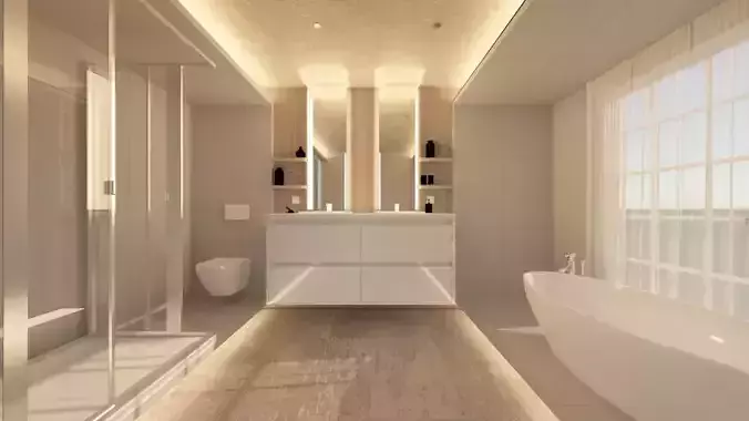 3D Bathroom Model modern with walls and wooden floors