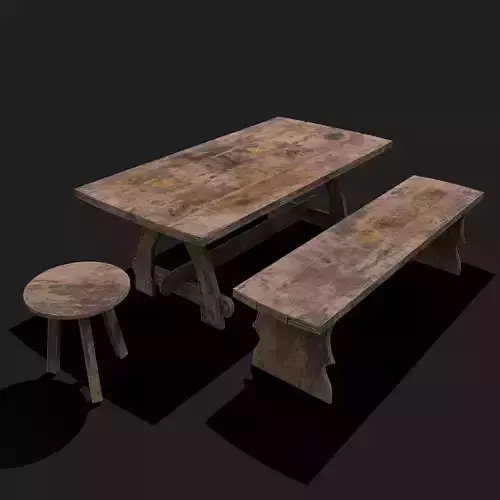 Table and Bench  Low-poly 3D model