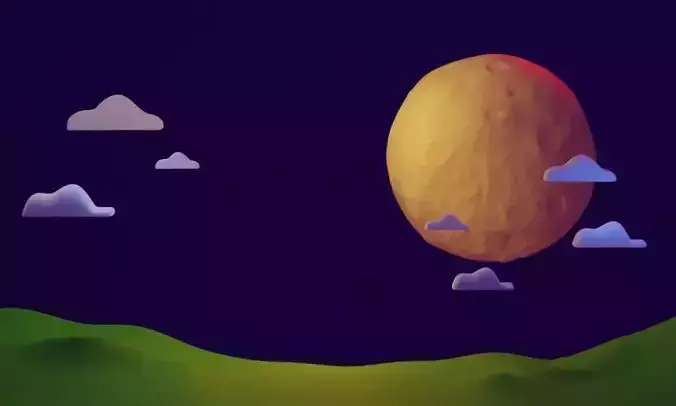 Dark night landscape on the planet with big moon