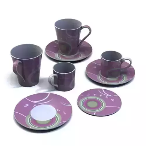 Set Of Purple And Green Saucers And Cups 3D model