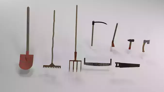 Pack of 9 Medieval farm tools Low-poly 3D model
