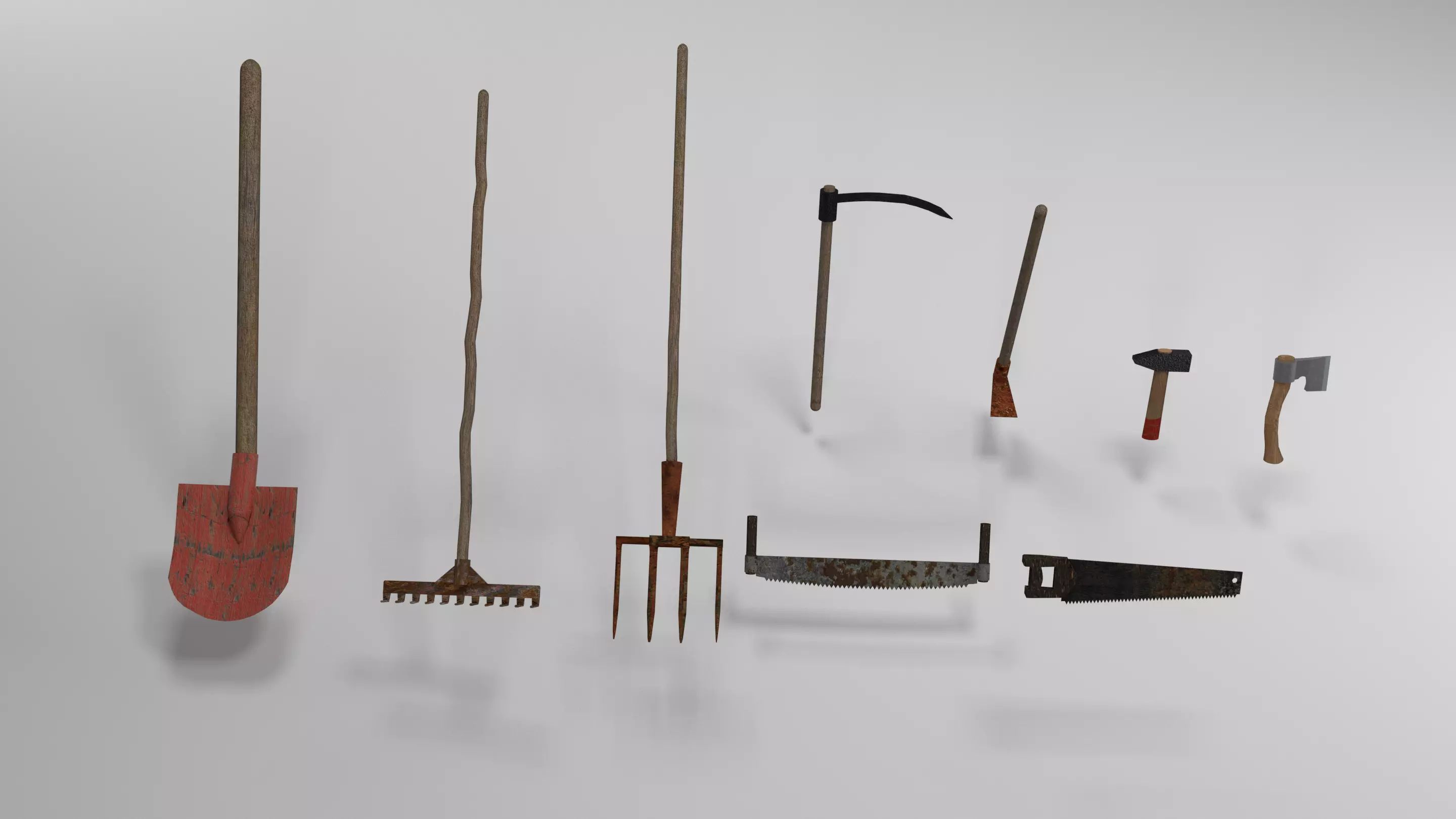 Pack of 9 Medieval farm tools Low-poly 3D model_0