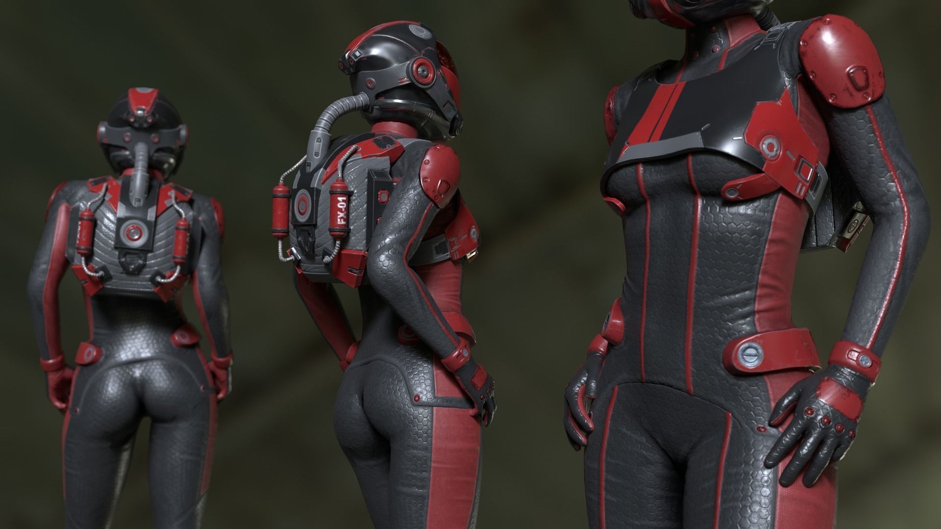FX01 Female Space Suit Red LITE VERSION Low-poly 3D model_4