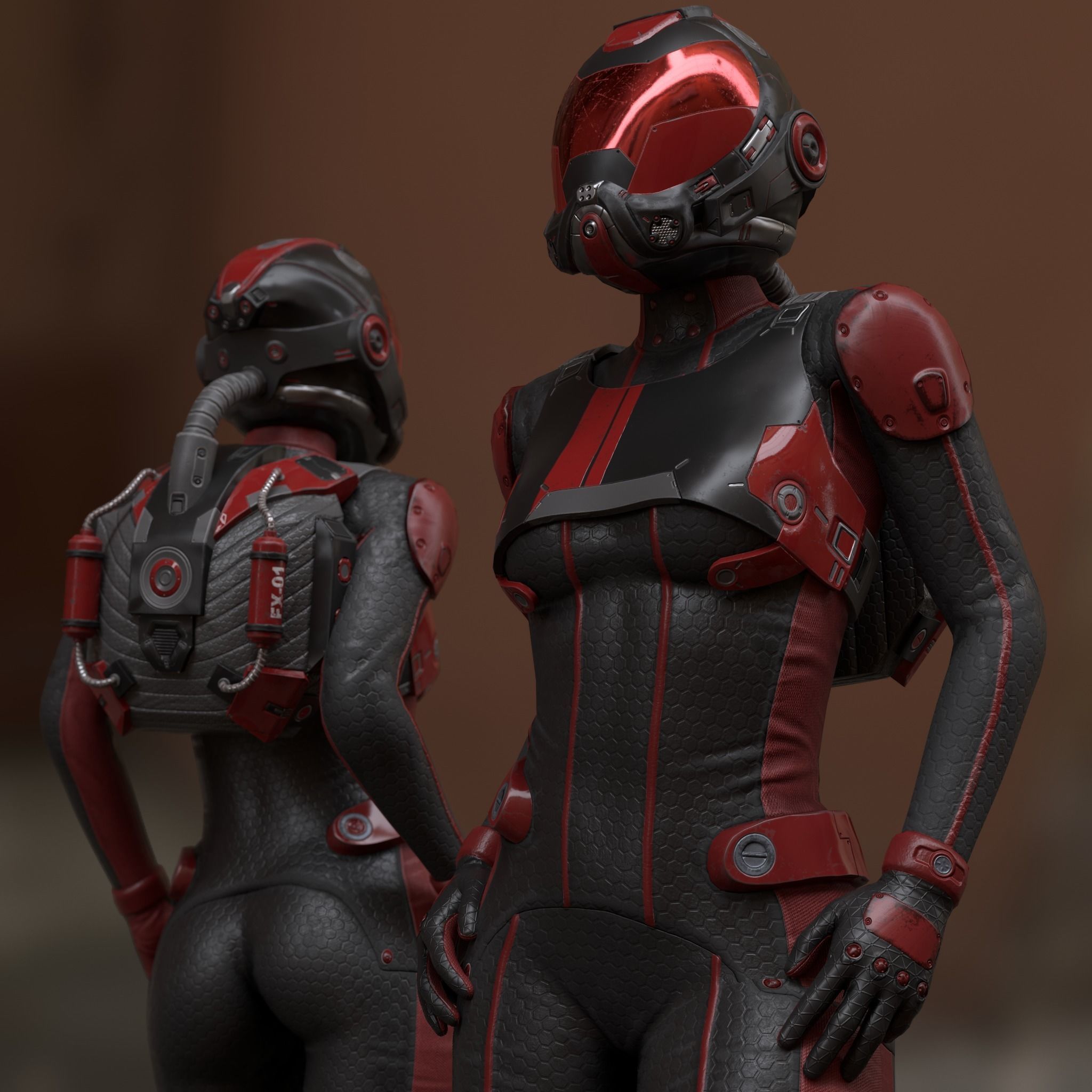 FX01 Female Space Suit Red LITE VERSION Low-poly 3D model_1