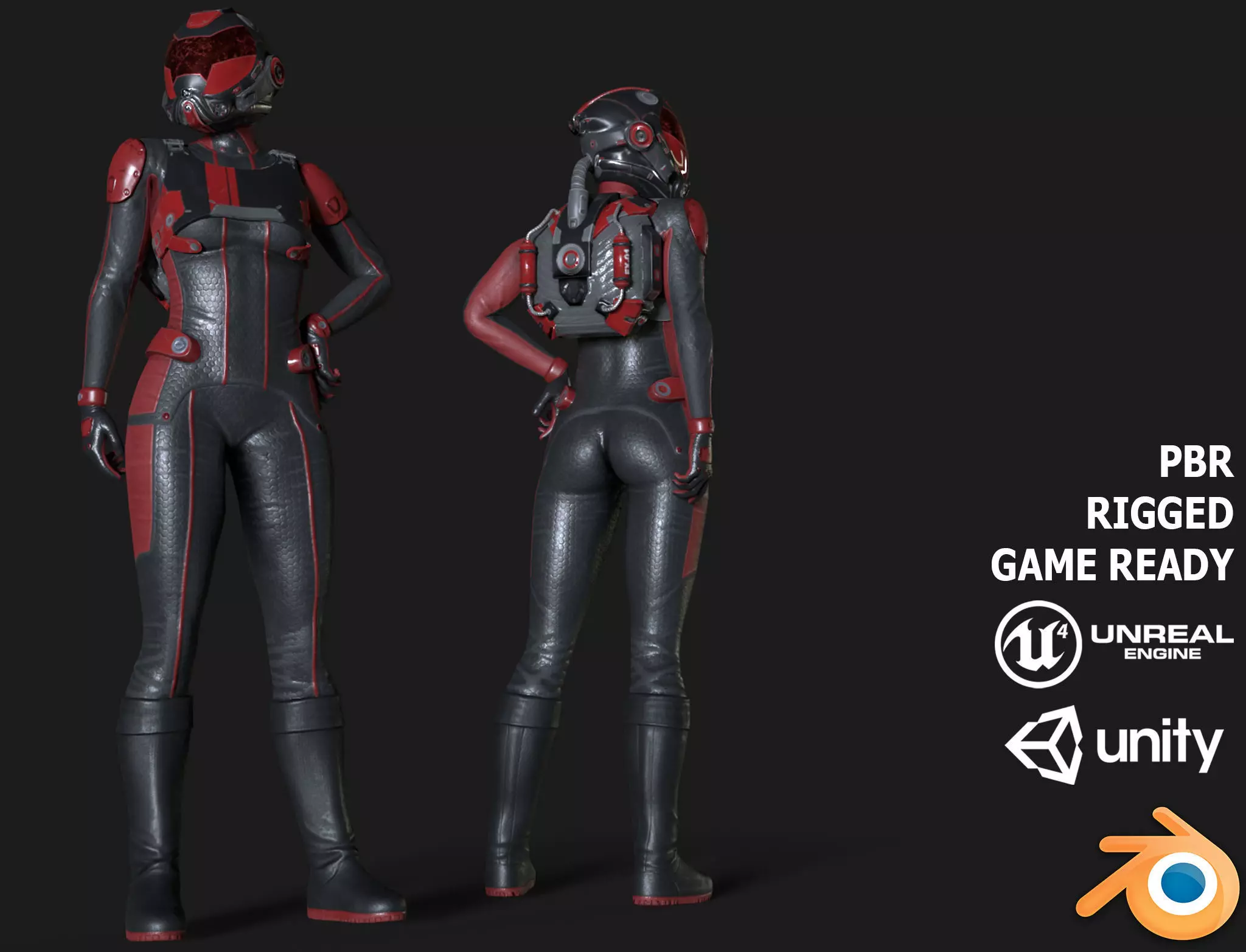 FX01 Female Space Suit Red LITE VERSION Low-poly 3D model_0