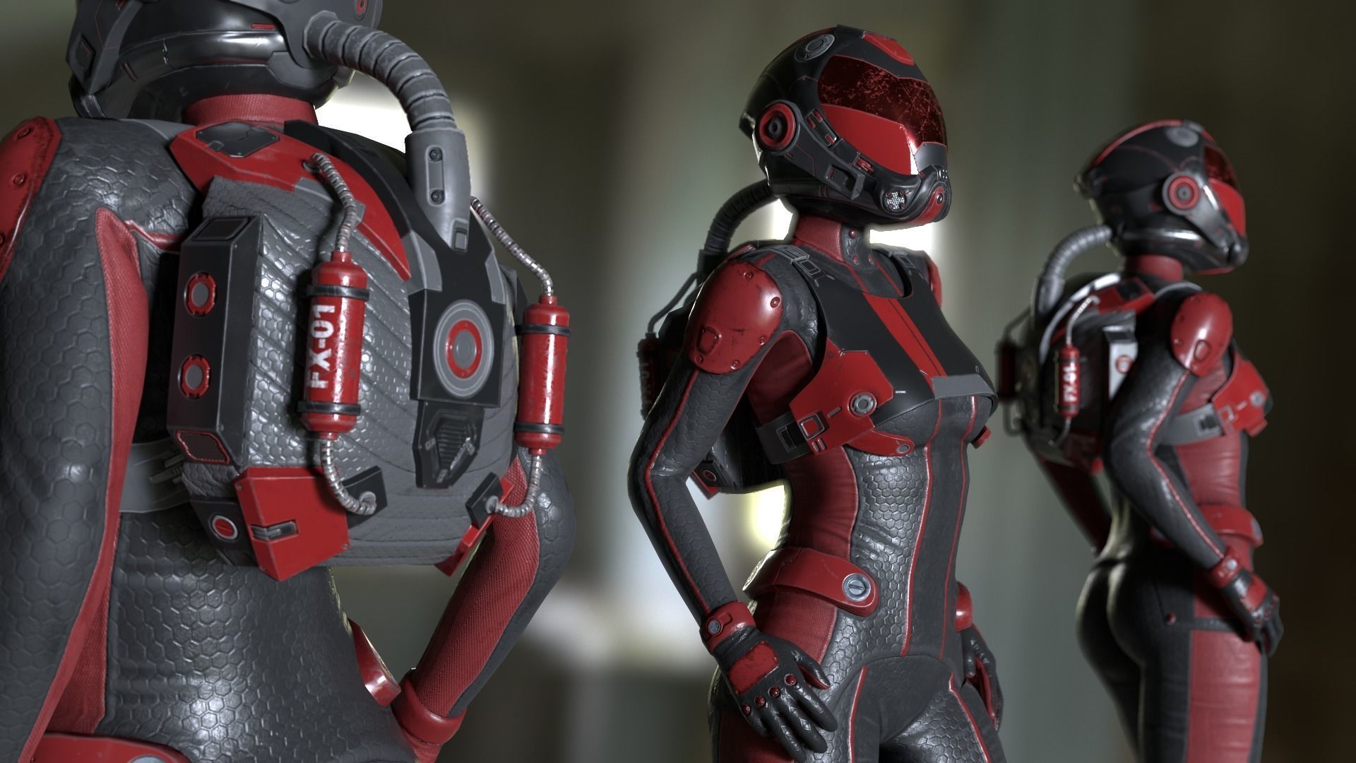 FX01 Female Space Suit Red LITE VERSION Low-poly 3D model_3