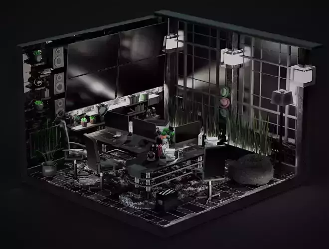 Office Low Poly room with furniture and plants Free 3D model