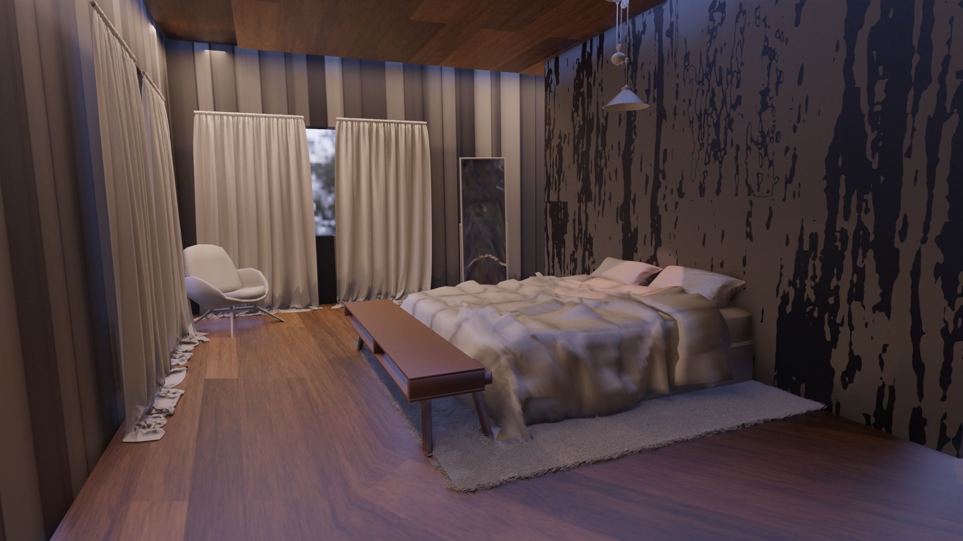 Bedroom with wood floors and bed 3D model_1