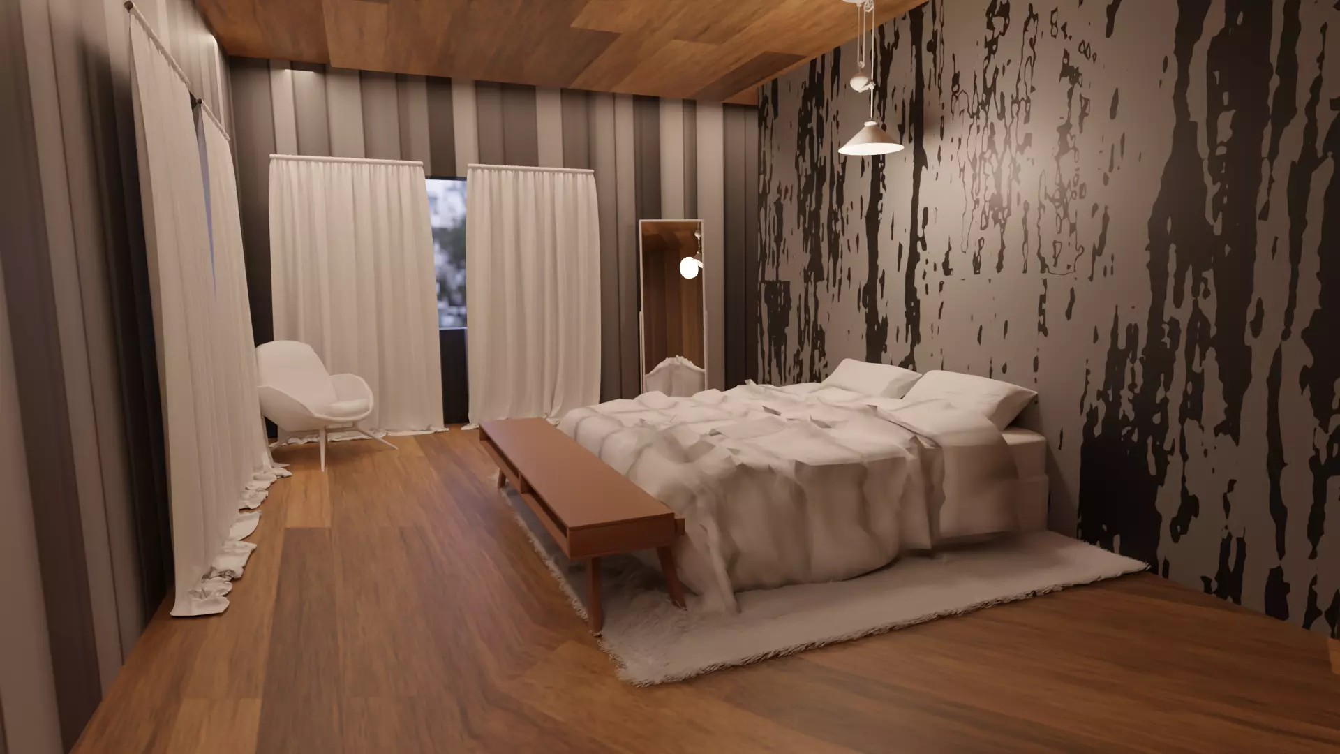 Bedroom with wood floors and bed 3D model_0