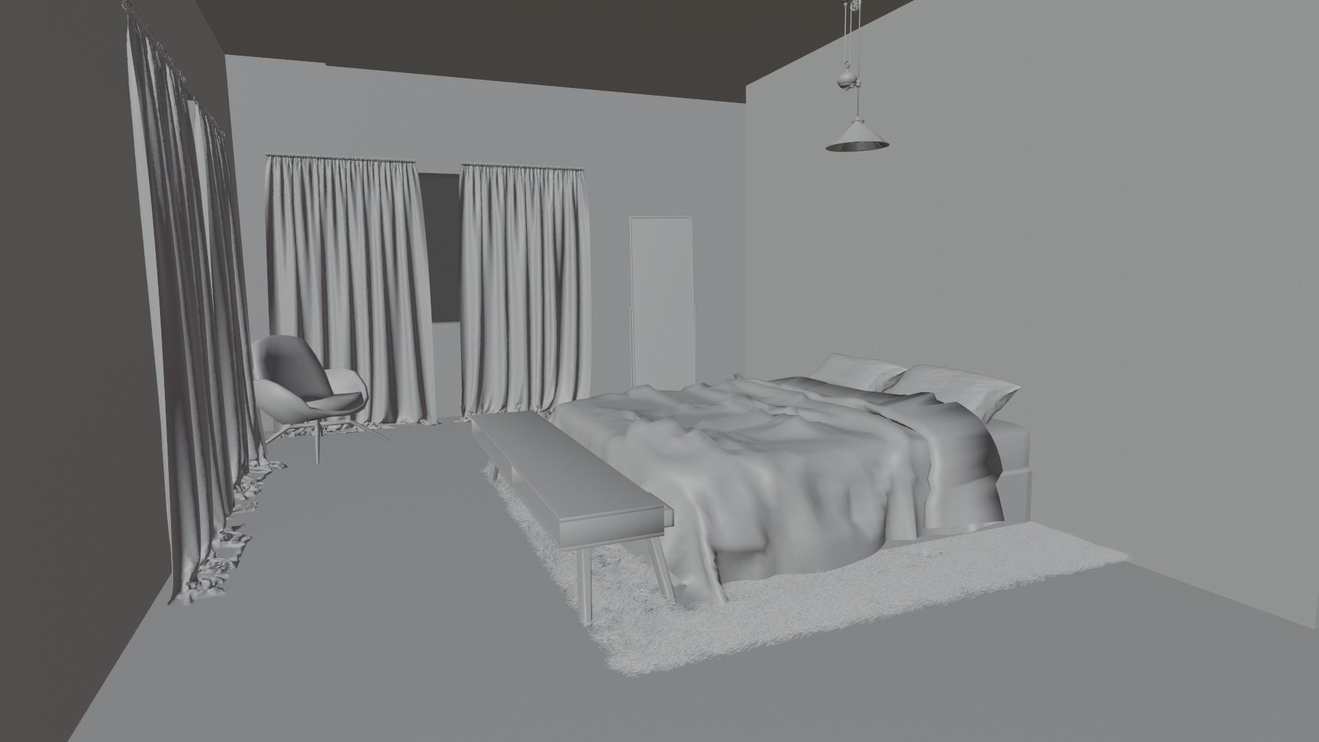 Bedroom with wood floors and bed 3D model_2
