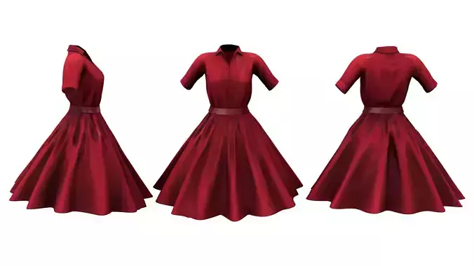 Retro Flare Out Skirt Shirt Dress Low-poly 3D model