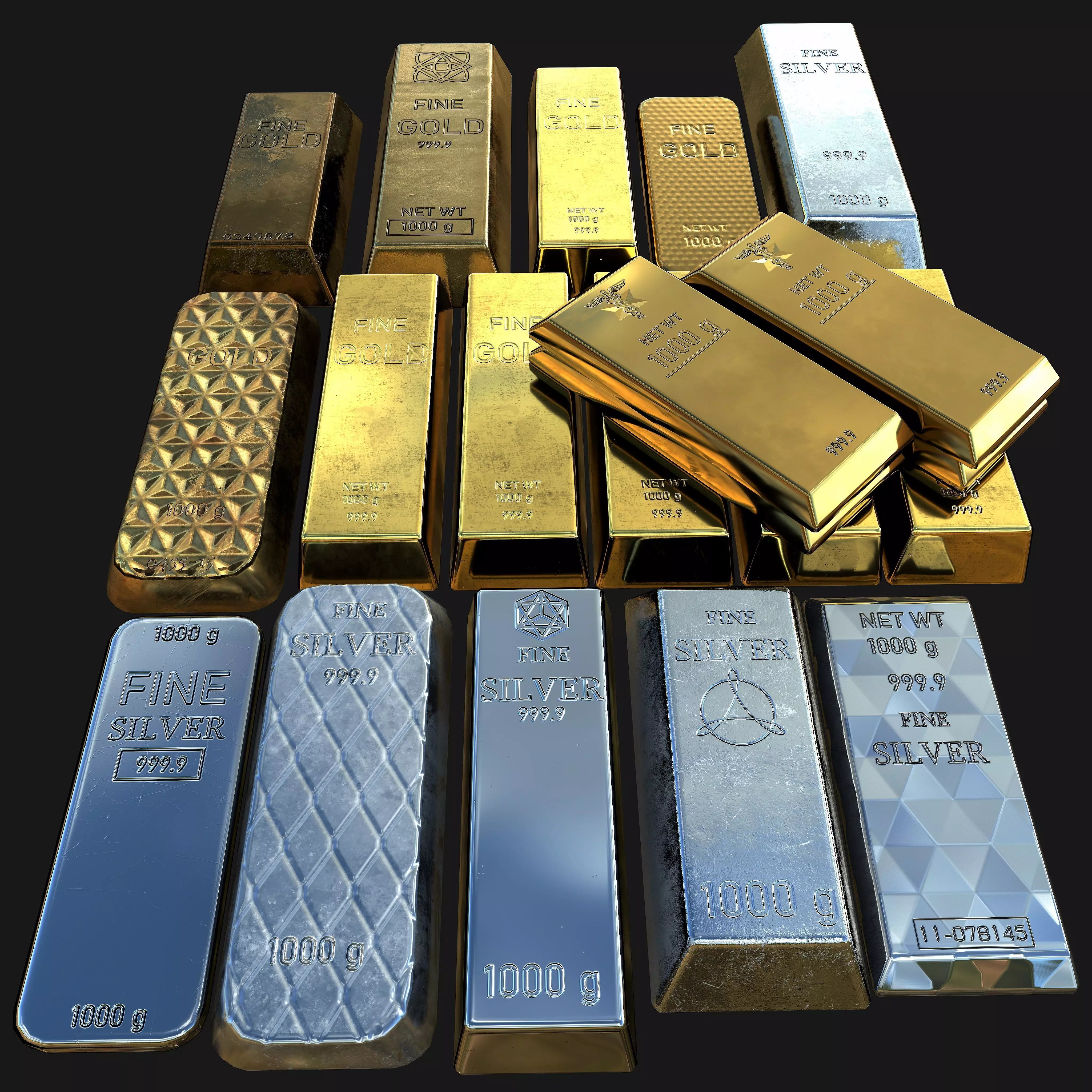 Silver and Gold bar Collection Low-poly 3D model_0