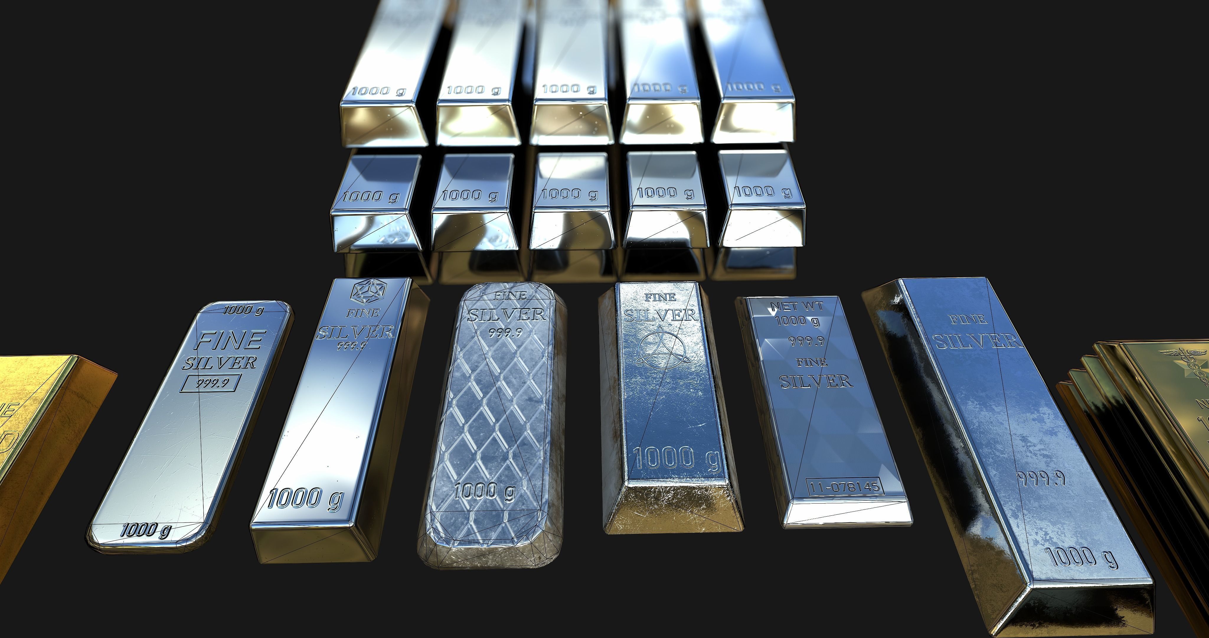 Silver and Gold bar Collection Low-poly 3D model_9