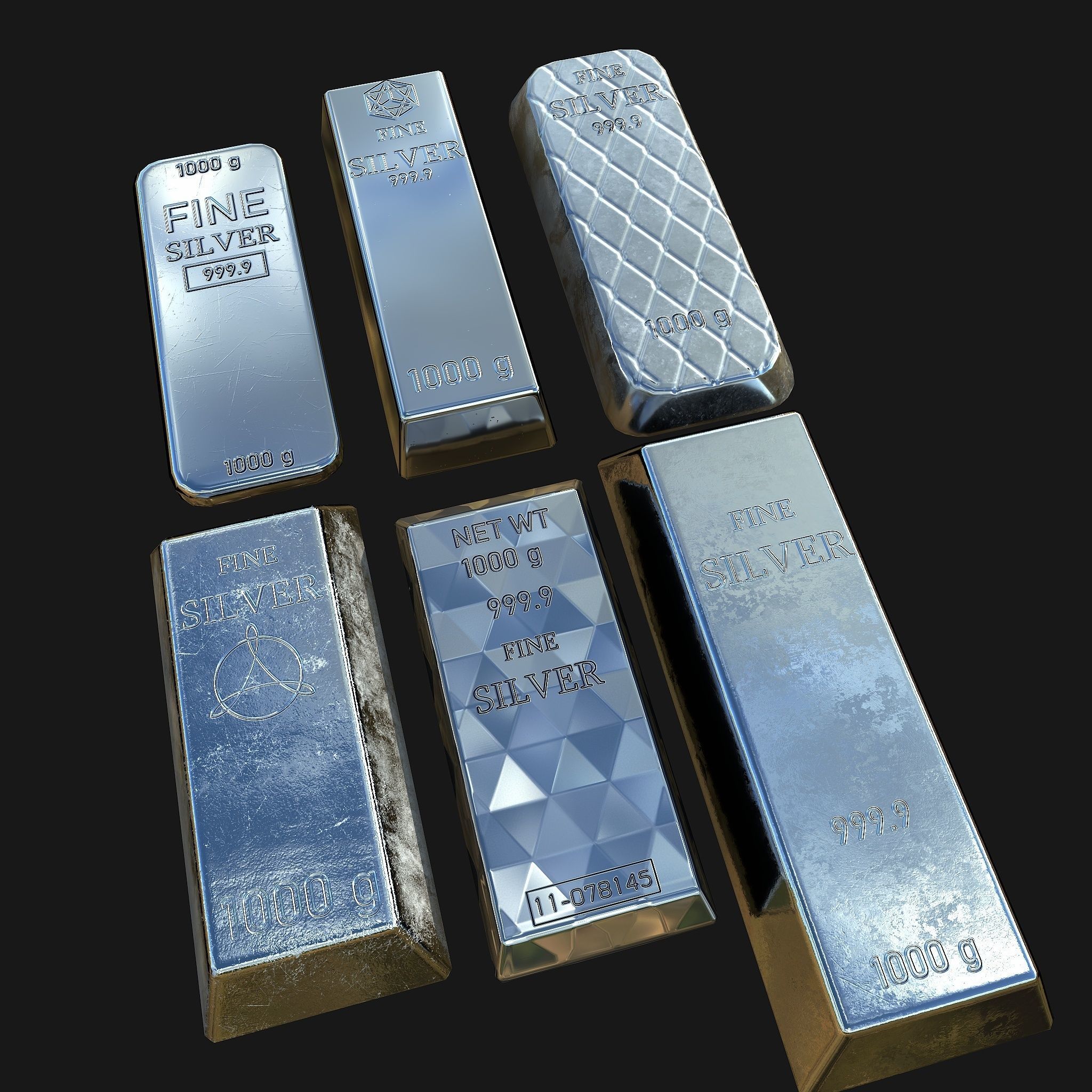 Silver and Gold bar Collection Low-poly 3D model_6