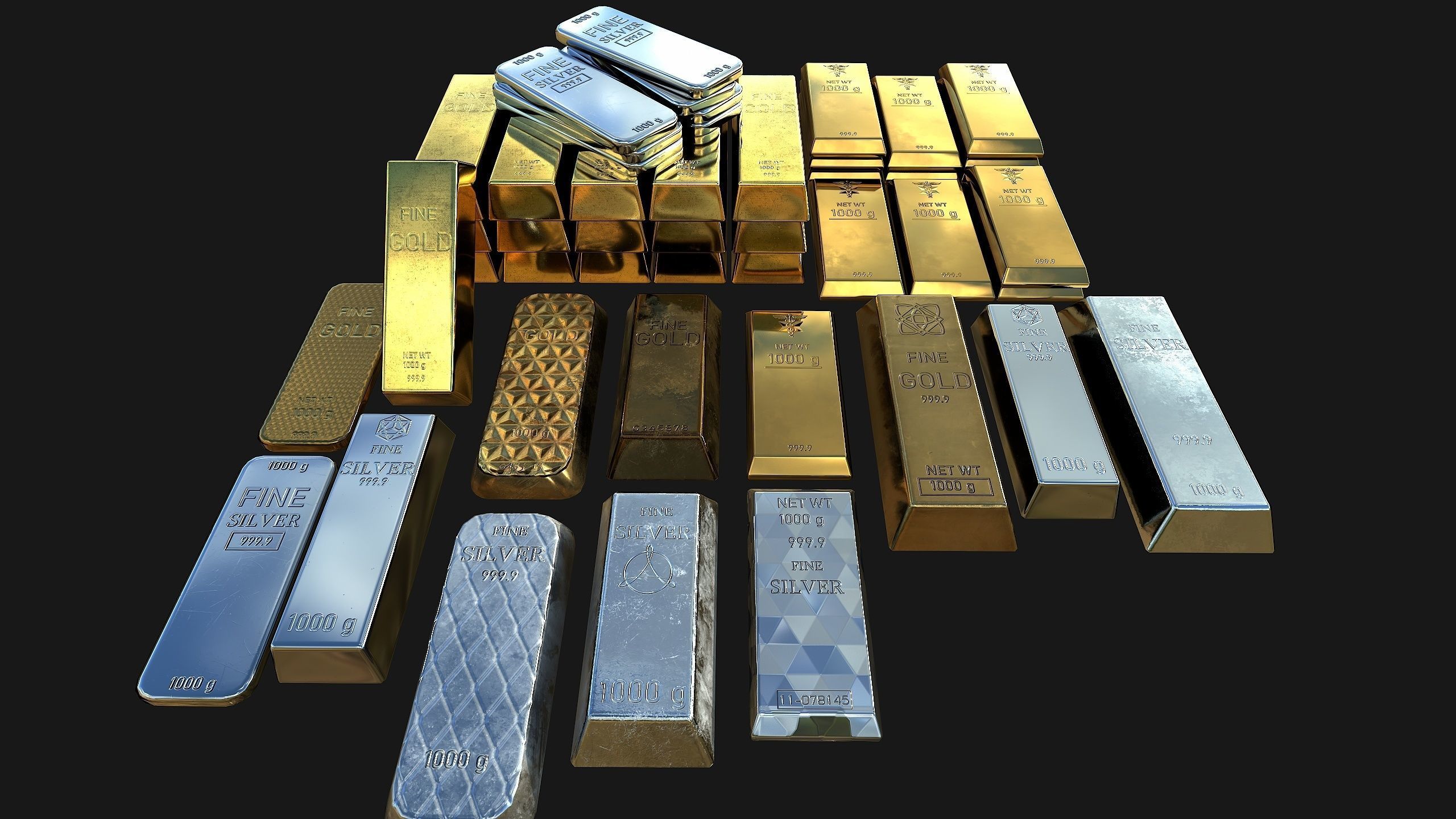 Silver and Gold bar Collection Low-poly 3D model_13