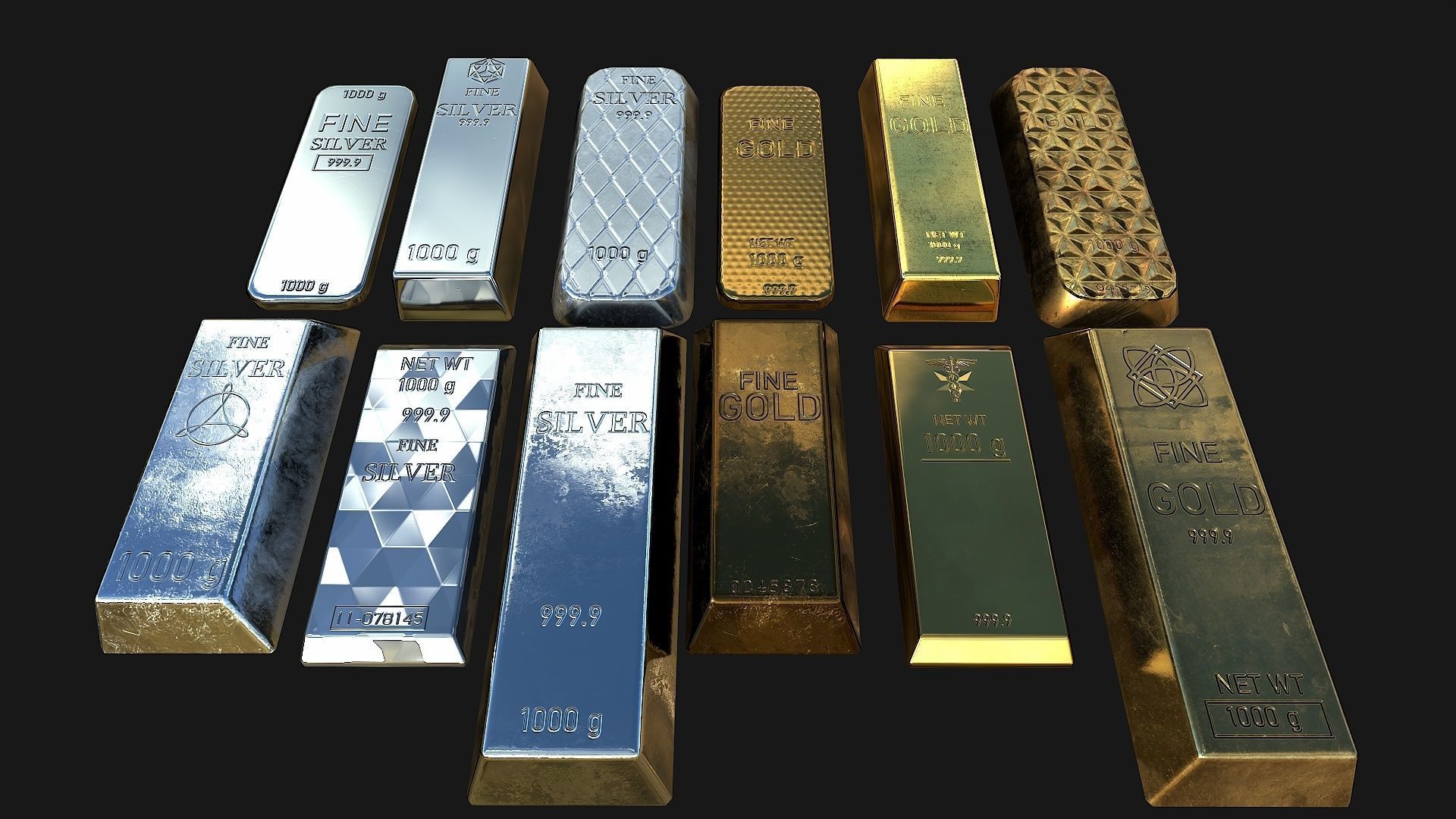 Silver and Gold bar Collection Low-poly 3D model_1