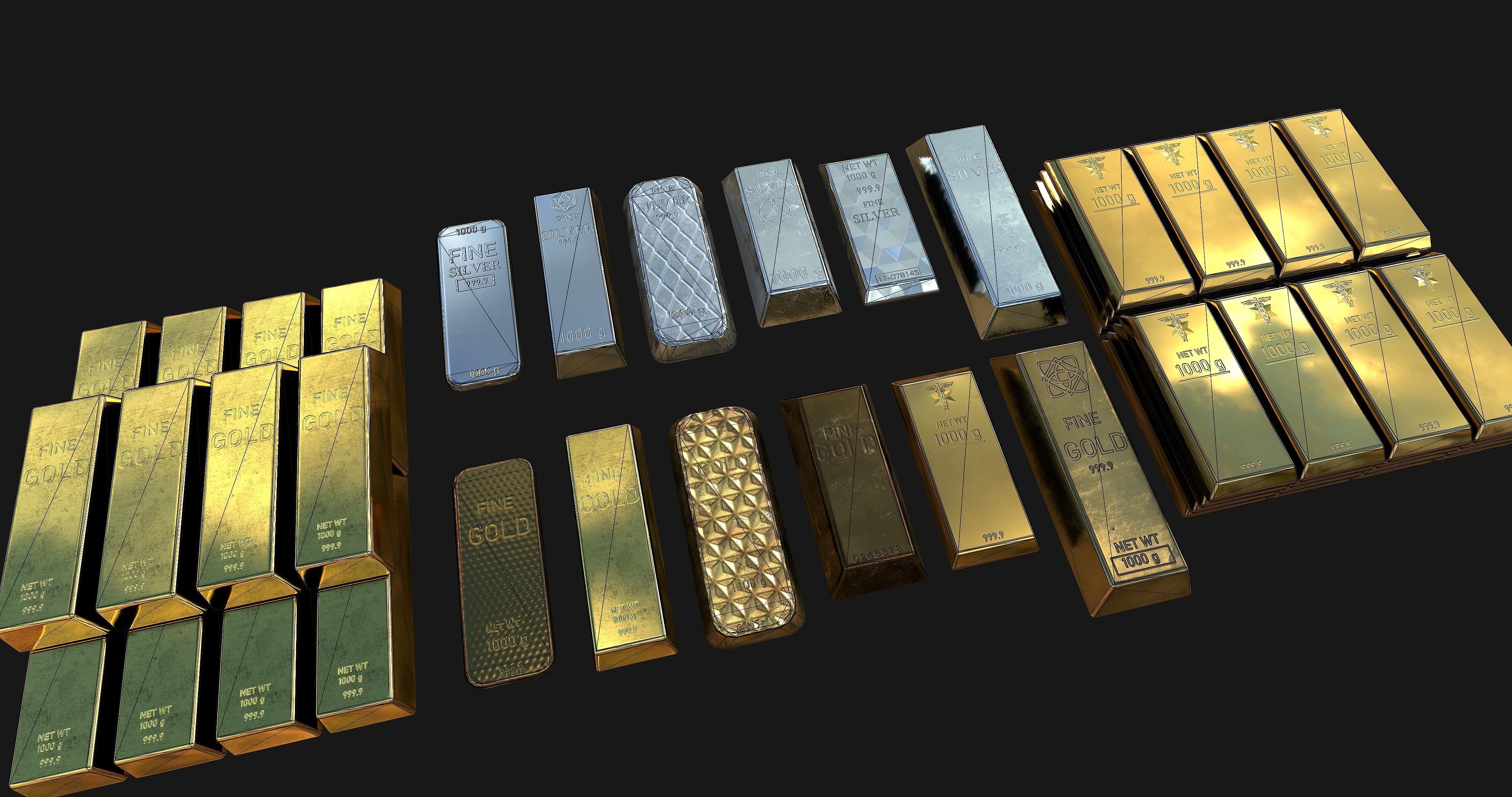 Silver and Gold bar Collection Low-poly 3D model_11