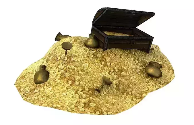 Treasure with coins and chest Low-poly 3D model
