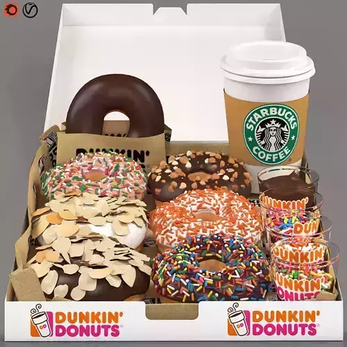 Dounts set dunkin donuts and coffee in box 3D model