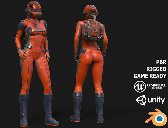 FX01 Female Space Suit Orange LITE VERSION Low-poly 3D model
