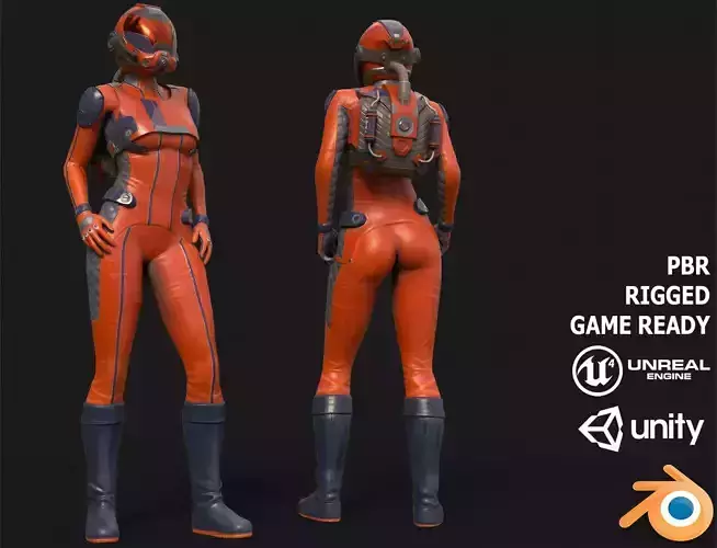 FX01 Female Space Suit Orange LITE VERSION Low-poly 3D model