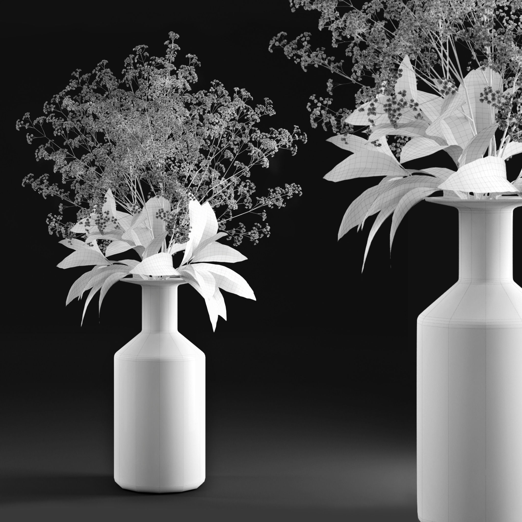 Gypsophila and magnolia leaves in bottle 3D model_1