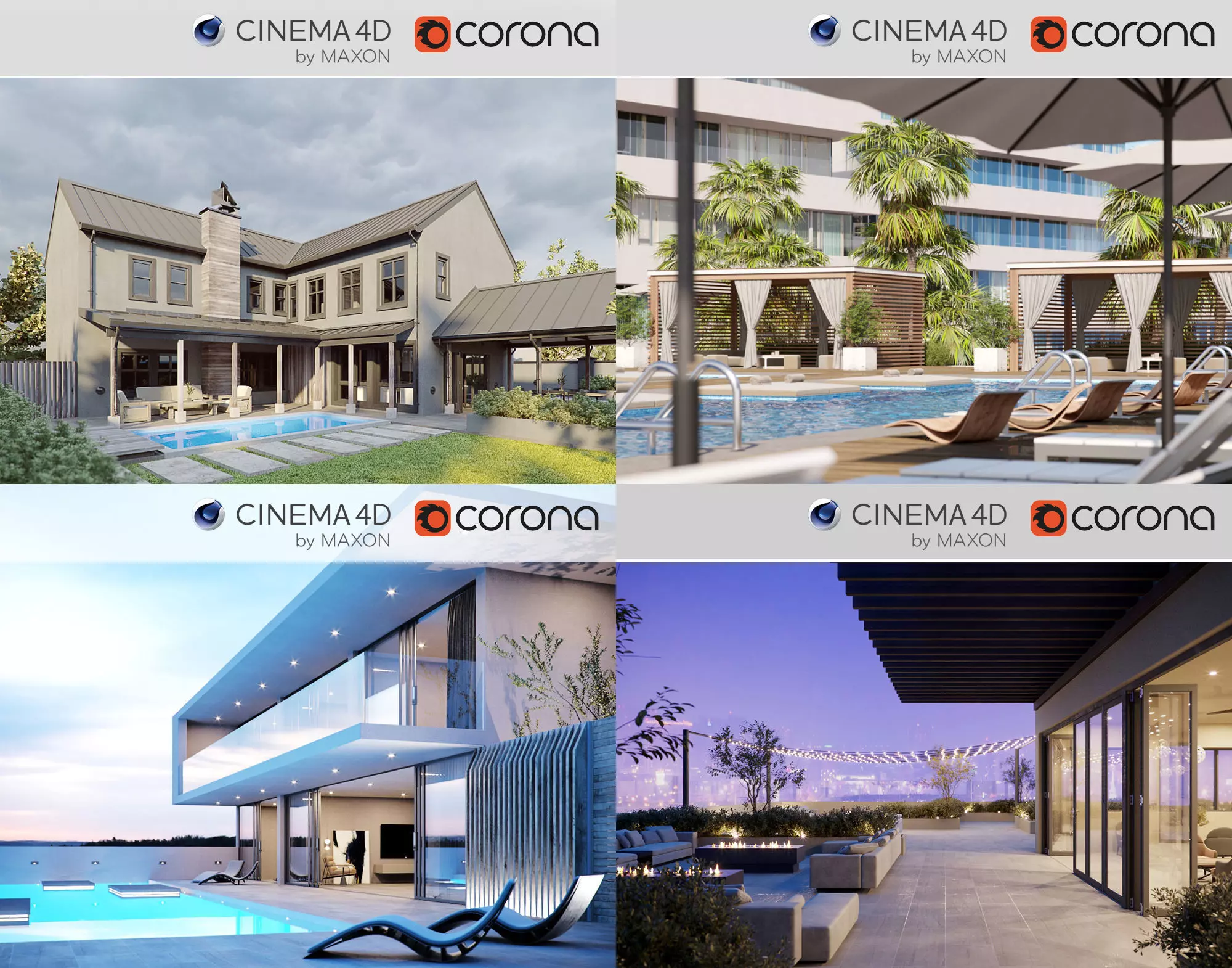 Set 9 - Corona C4D - 4 x Exterior Scenes 3D Model Collection _0