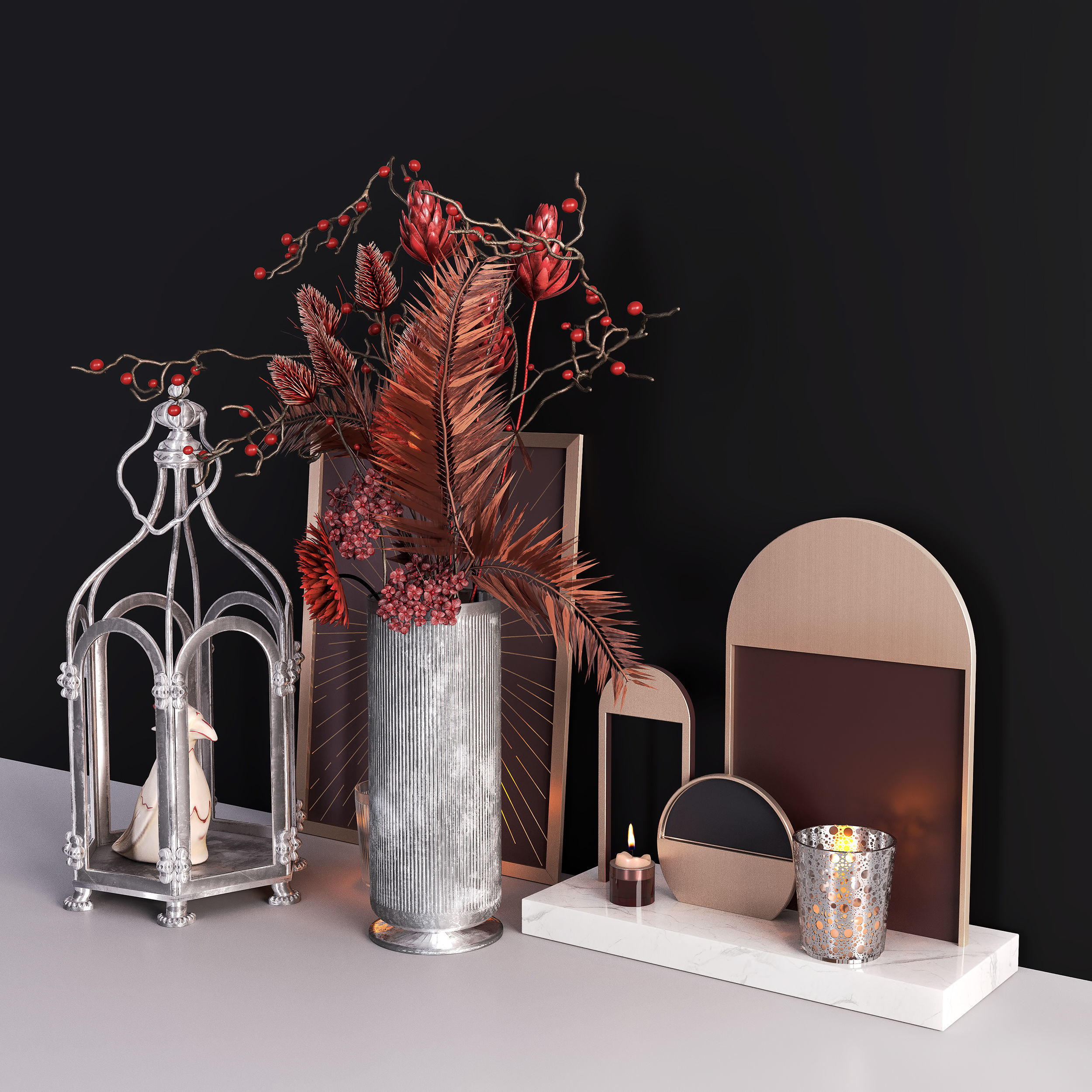 Decor Set With Cage and Flowers 3D model_6