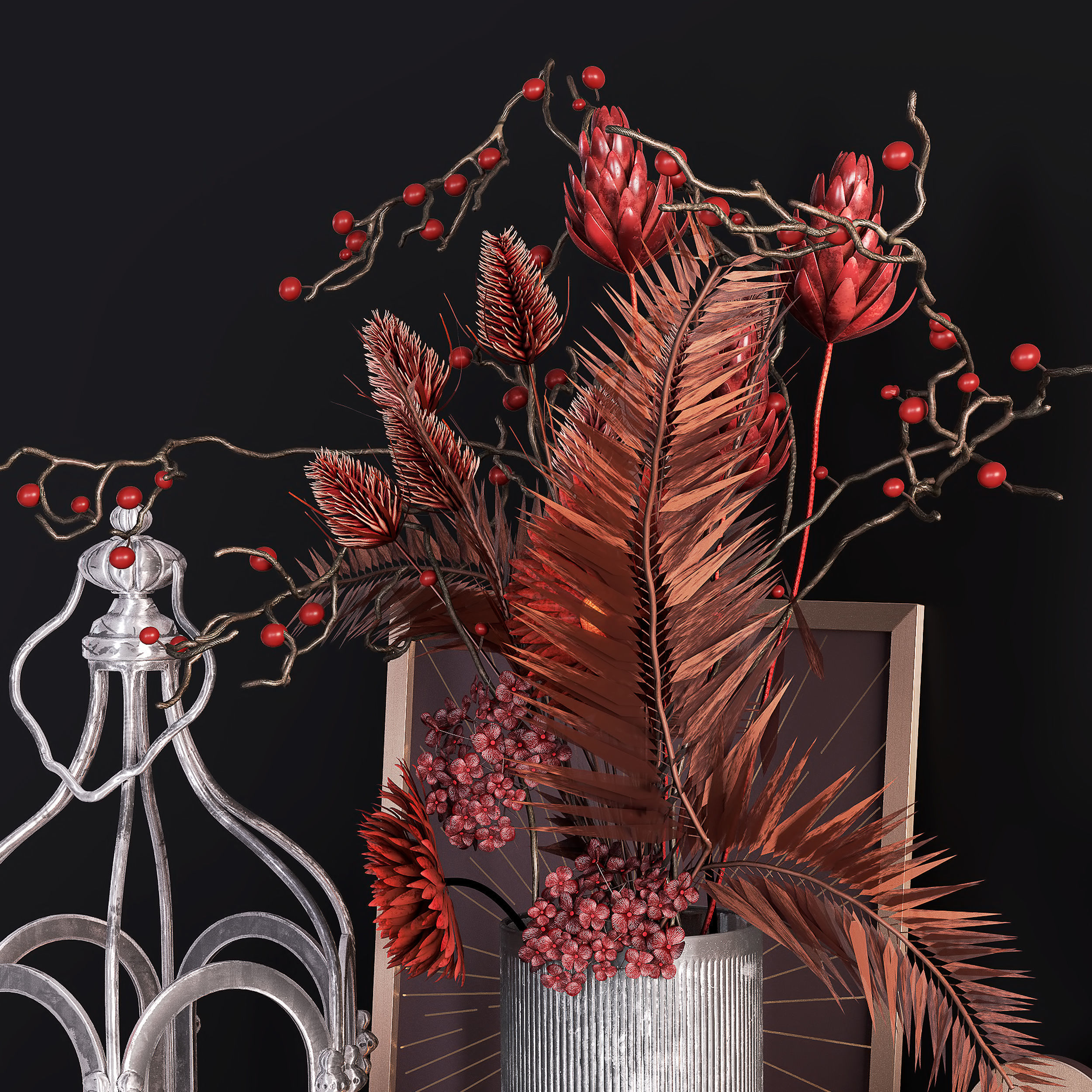 Decor Set With Cage and Flowers 3D model_7