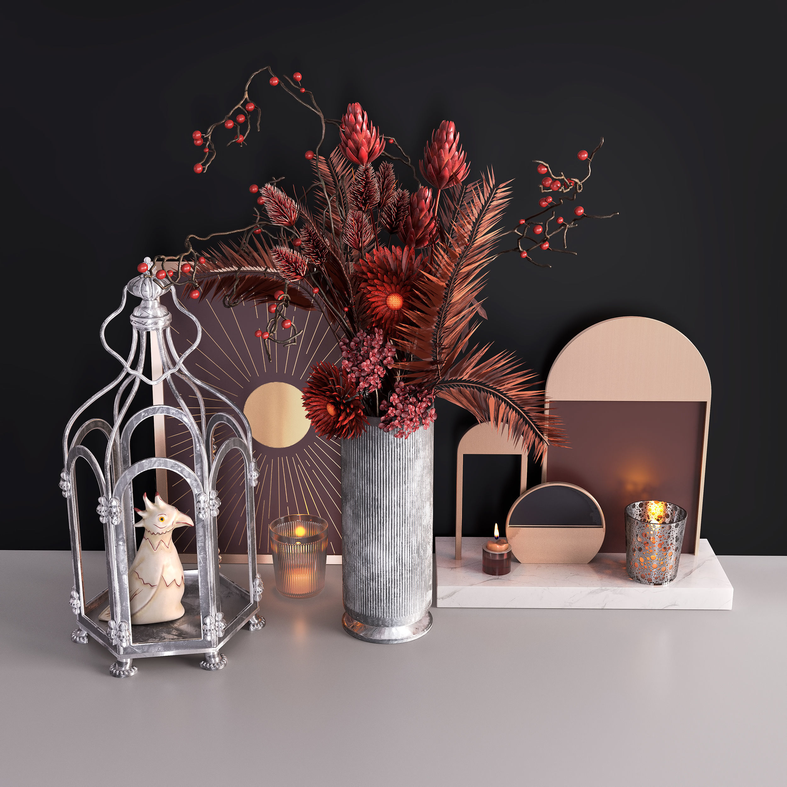 Decor Set With Cage and Flowers 3D model_5