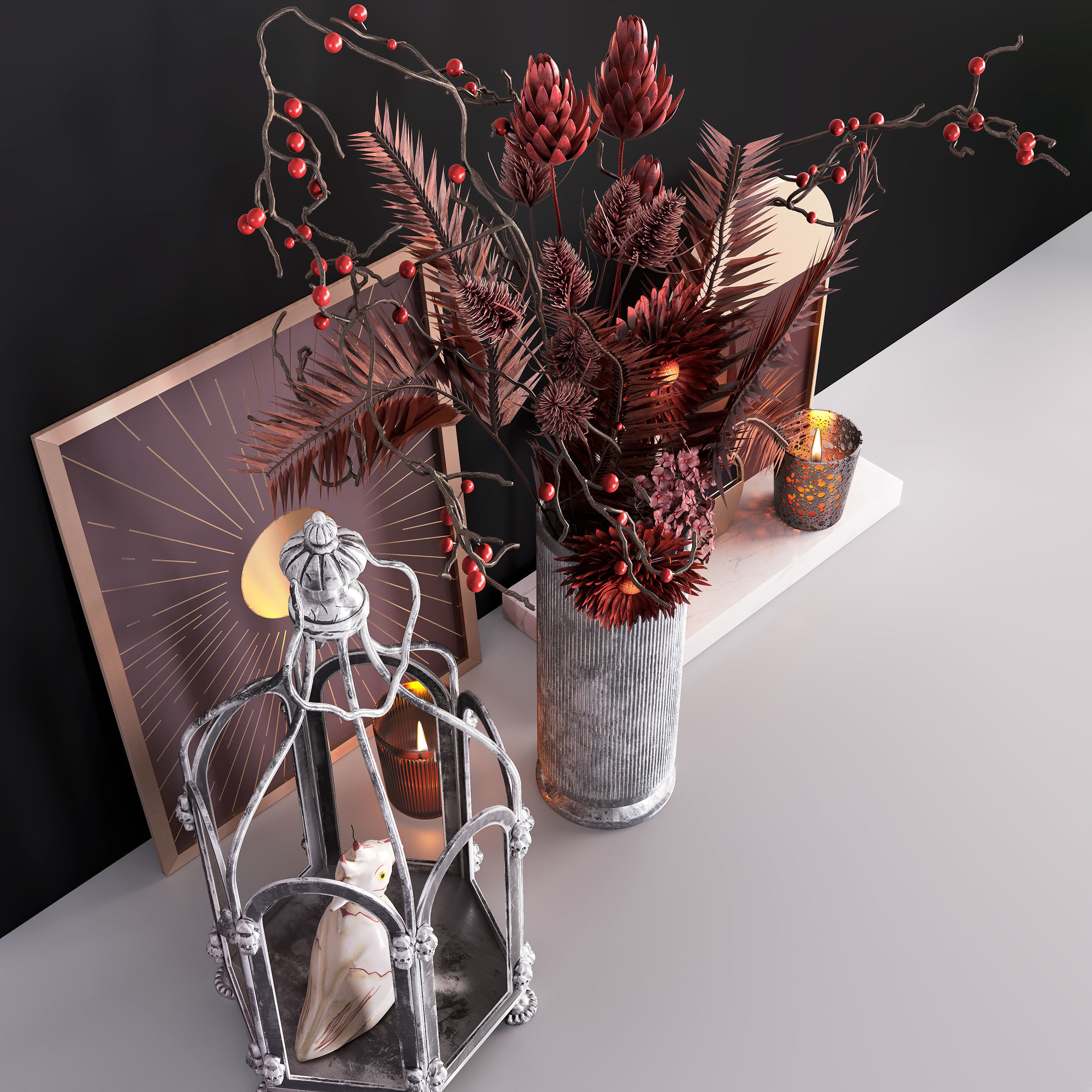 Decor Set With Cage and Flowers 3D model_4