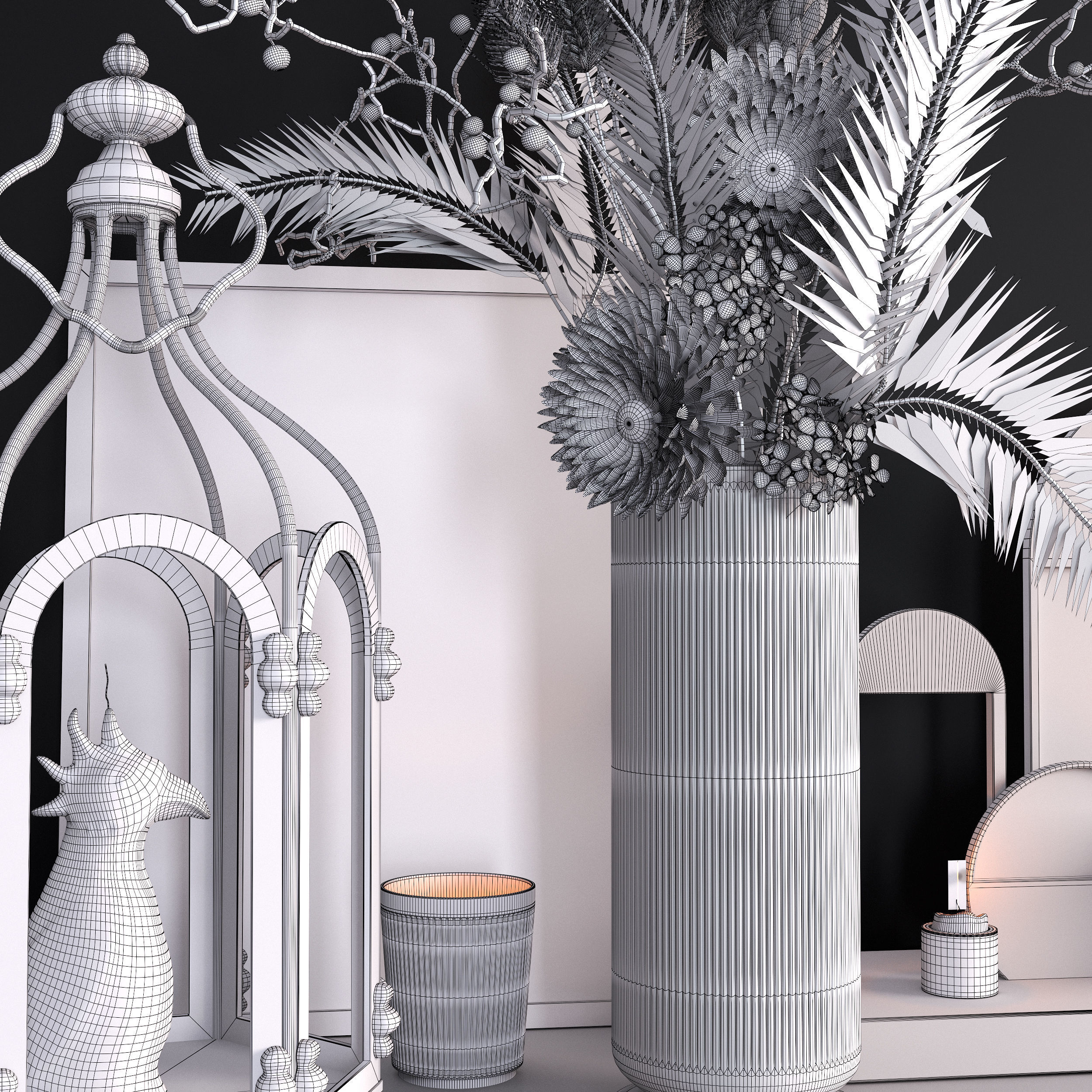 Decor Set With Cage and Flowers 3D model_9