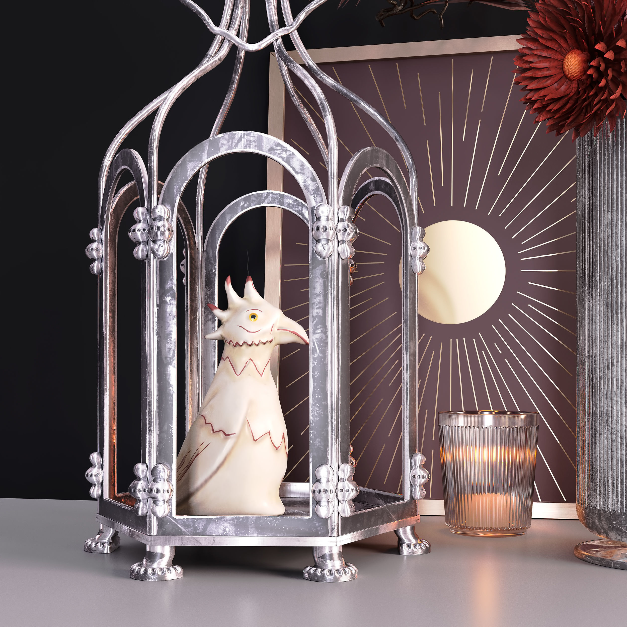 Decor Set With Cage and Flowers 3D model_1