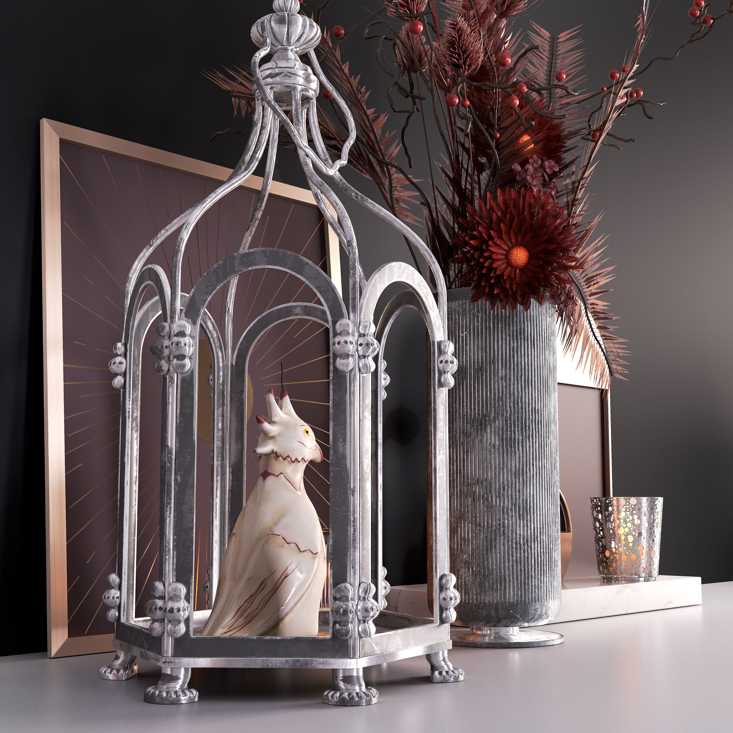 Decor Set With Cage and Flowers 3D model_3