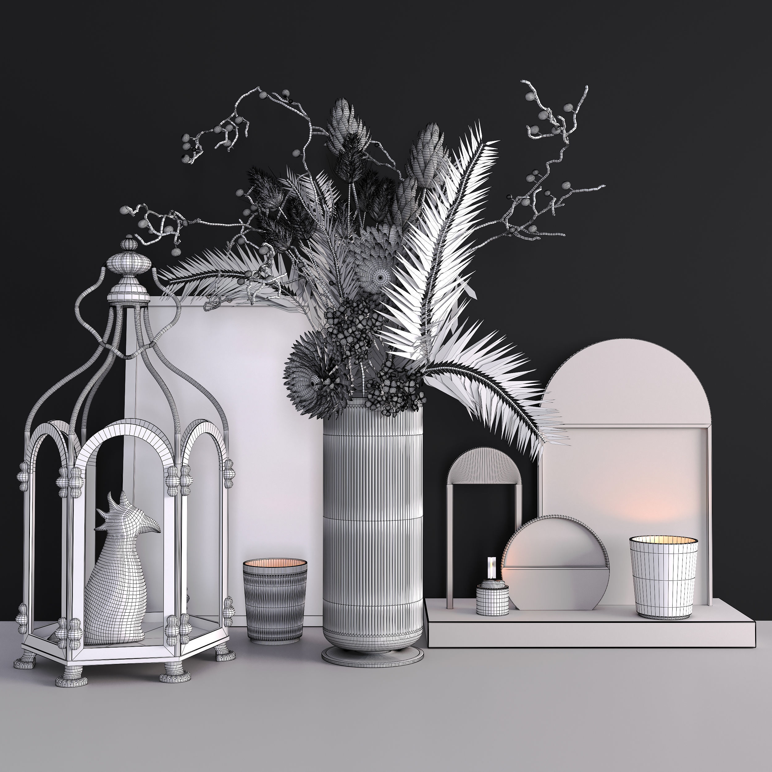 Decor Set With Cage and Flowers 3D model_8
