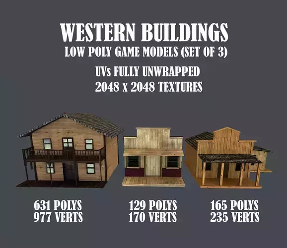 Western Styled Building Low Poly Game Ready Models - Set of 3 Free low-poly 3D model