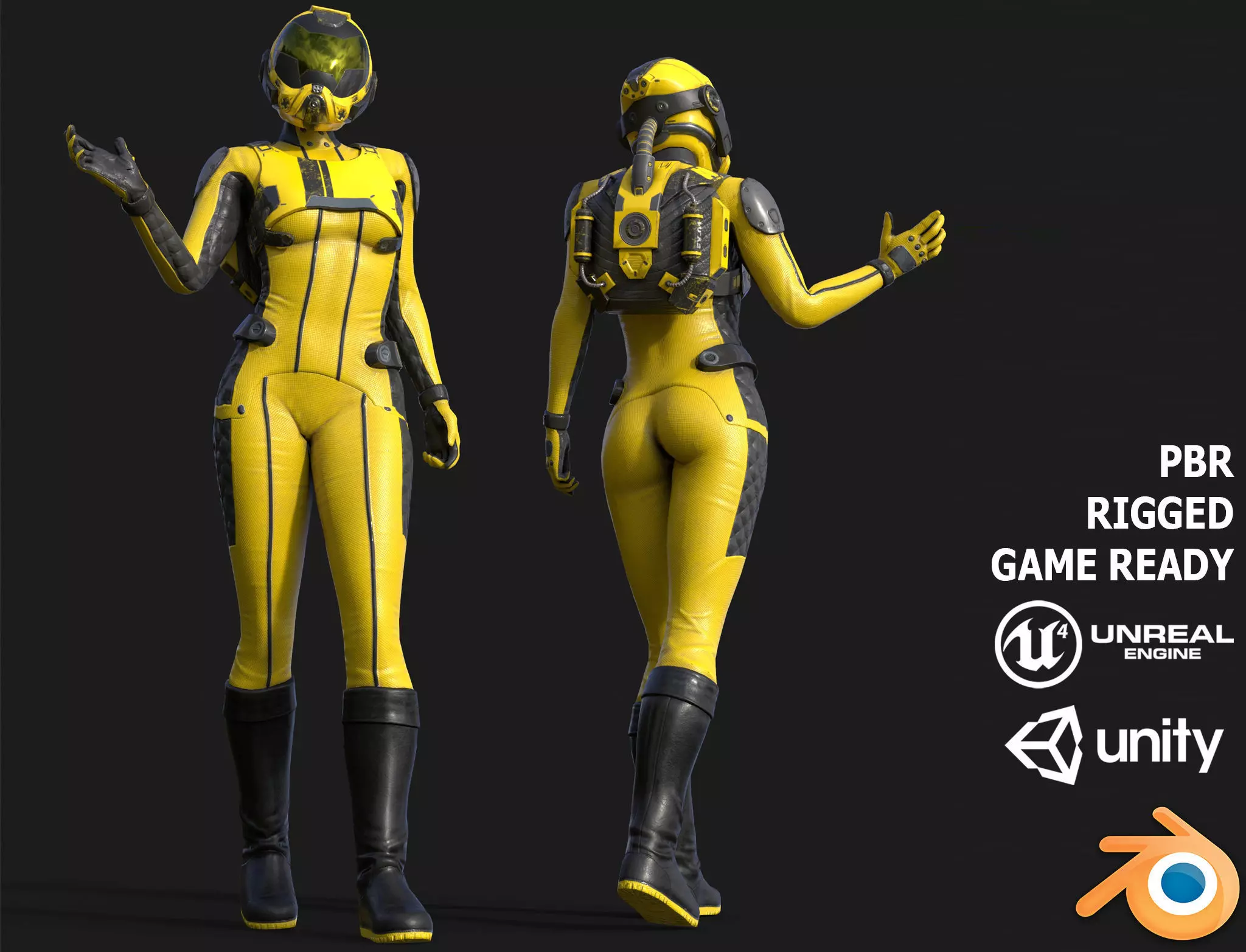 FX01 Female Space Suit Yellow LITE VERSION Low-poly 3D model_0