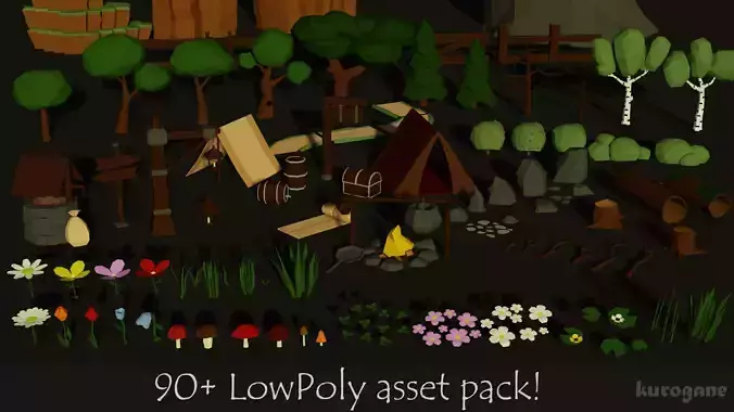  Low-Poly Nature Forest Pack 90 game asset Tree Flowers Stones 