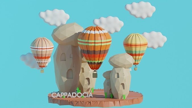 Cappadocia Model hot air balloons flying in sky Low-poly 3D model