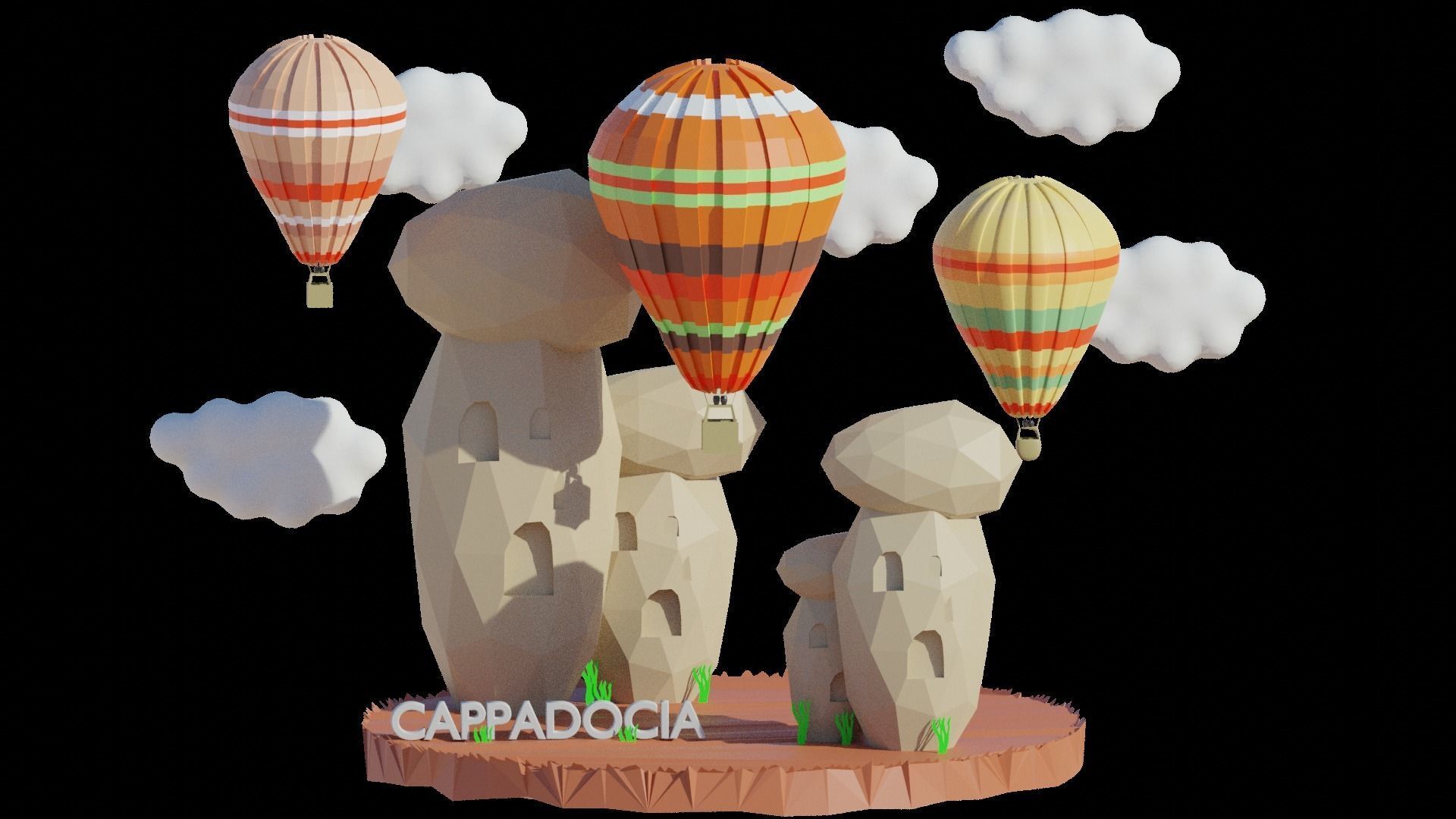Cappadocia Model hot air balloons flying in sky Low-poly 3D model_1