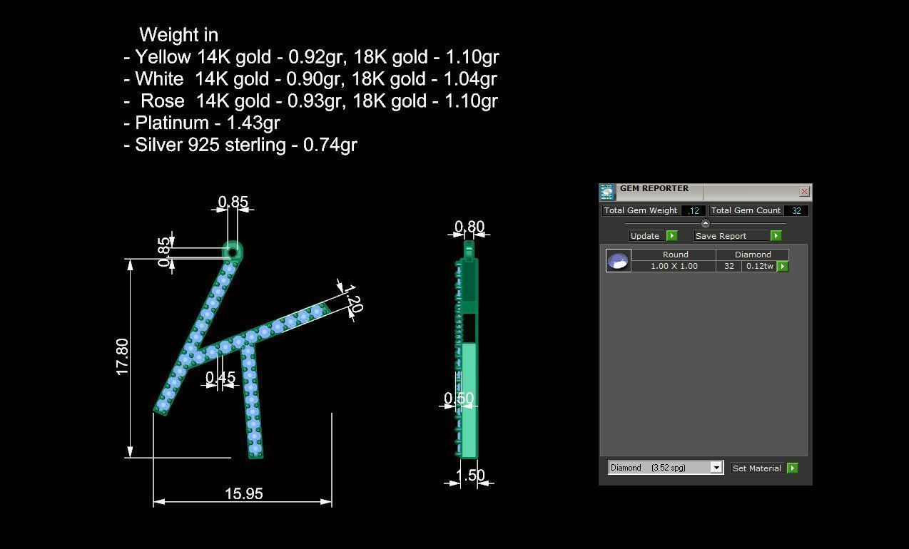 Letter K necklace with diamonds 3D print model_11